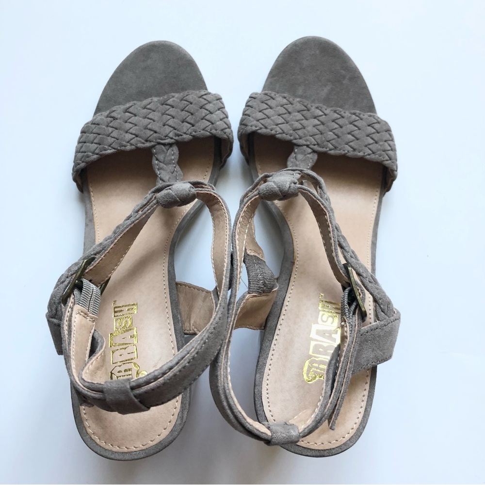 Brash Sandals Suede like strappy braided chunky 4 inch heels in soft mocha color